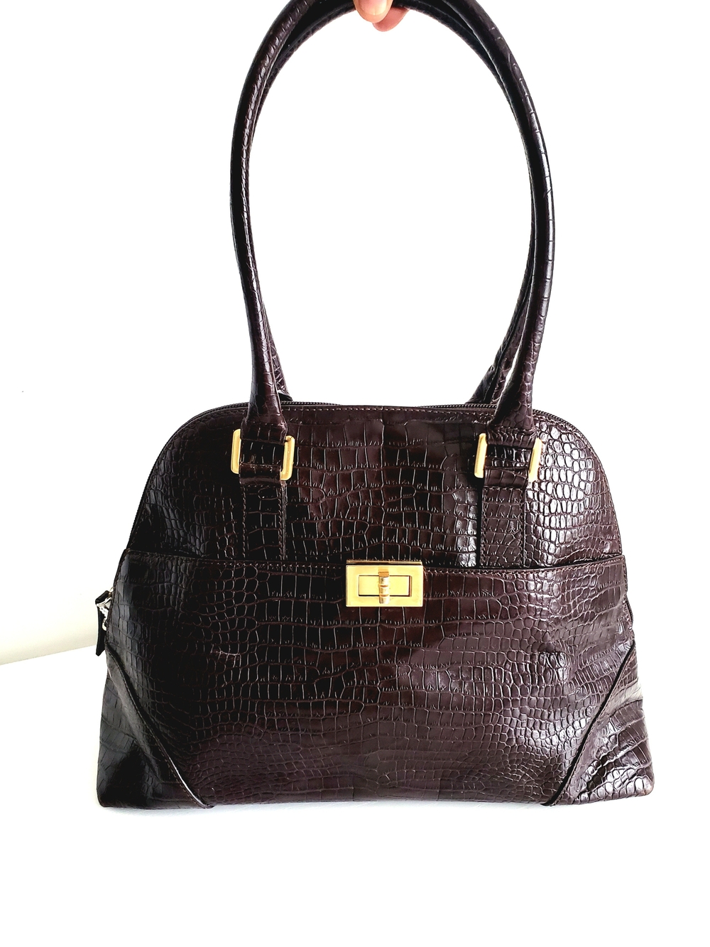 Talbots Dark Brown Leather Croc-Embossed Shoulder Bag with Gold Hardware